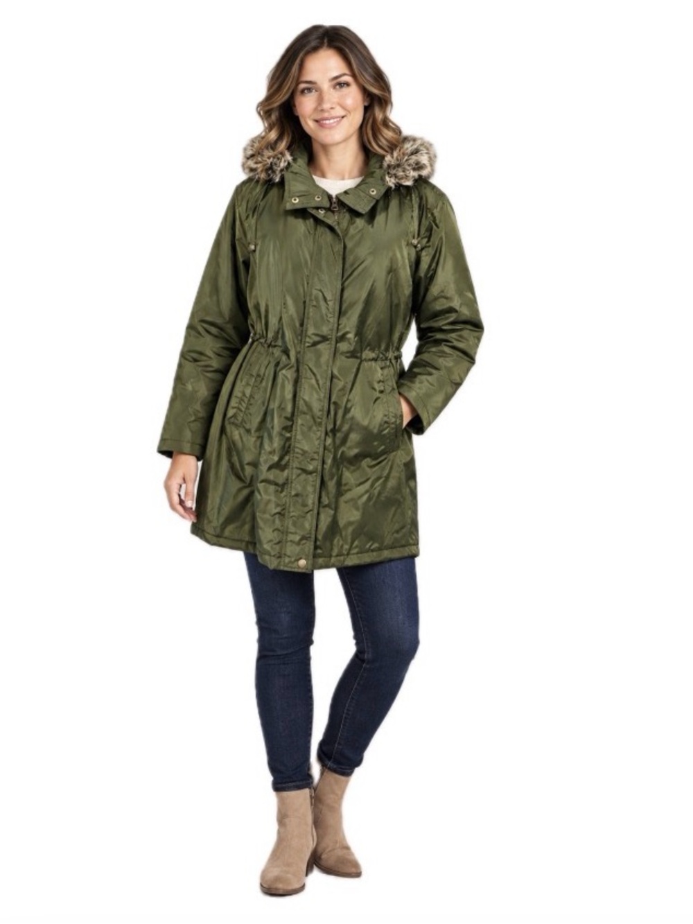 Lands’ End Women’s Olive Green Faux Fur Trim Parka Jacket, Size L EUC